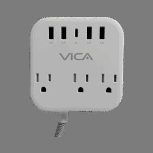 Centro de carga 7P VICA para protección contra sobretensiónes - 3 tomas con supresor de picos NEMA 5-15R, 4 puertos USB-A y 1 puerto USB-C